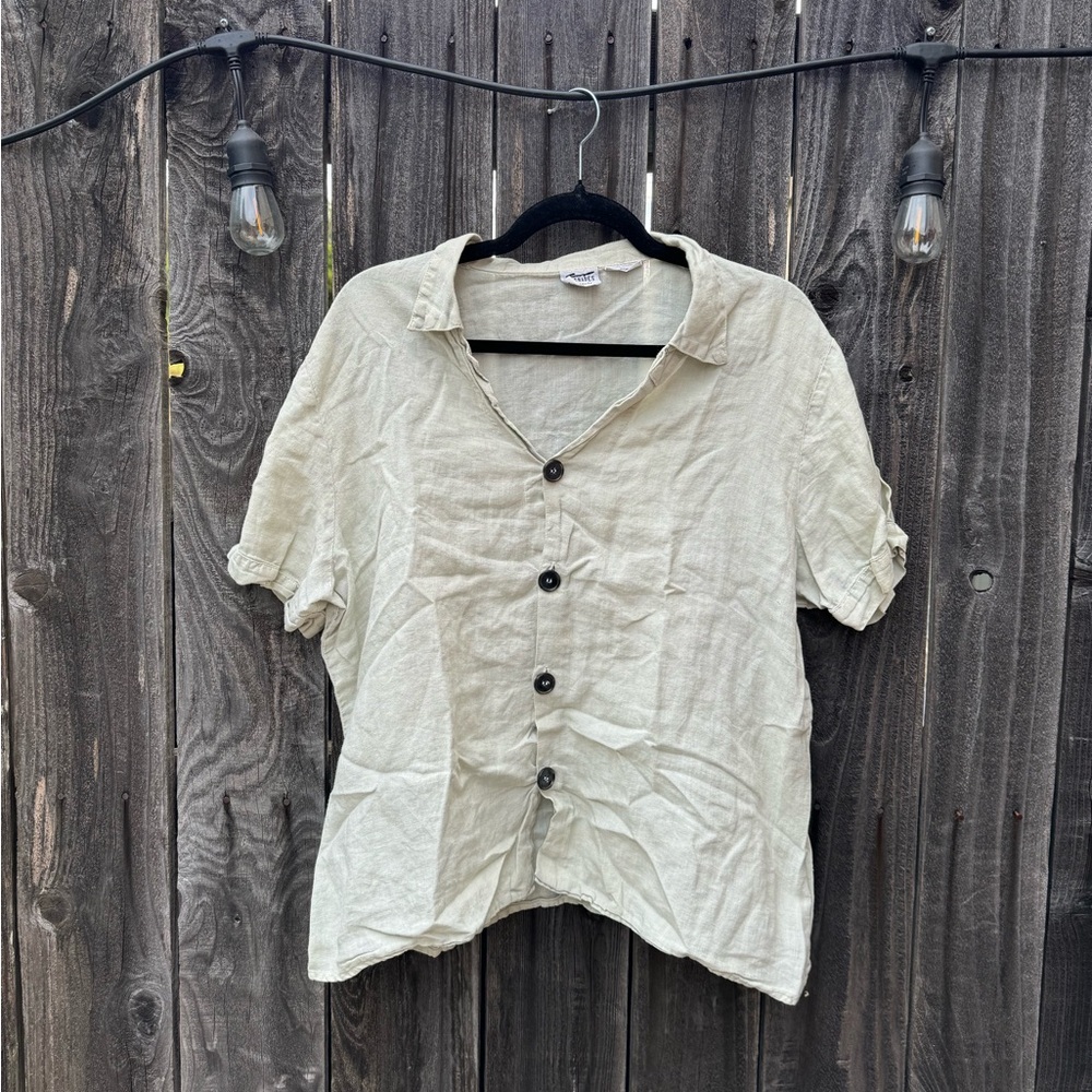 Cp Shades Yellow Green Irish Linen Short Sleeve Button-up Shirt size large